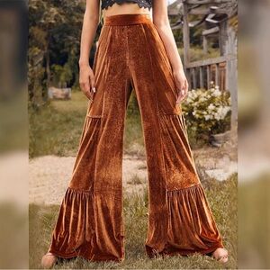 Velvet Wide-Leg Tiered Pants Rust Orange Stretchy Boho Pull On Size Small